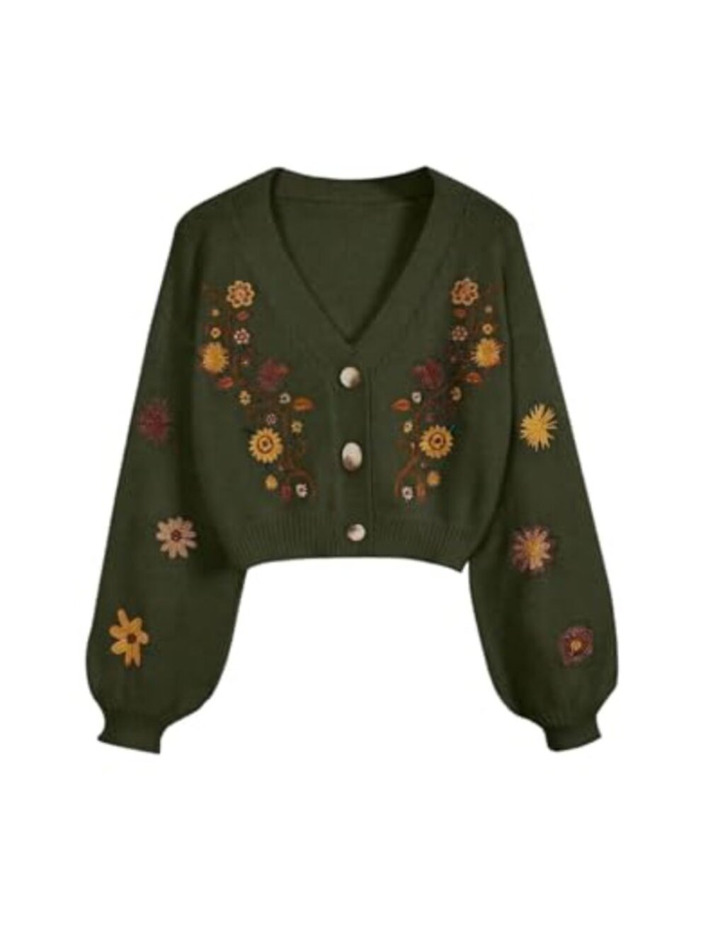 Women's Floral Button Down Cardigan V Neck Long Sleeve Cropped Knit Sweater